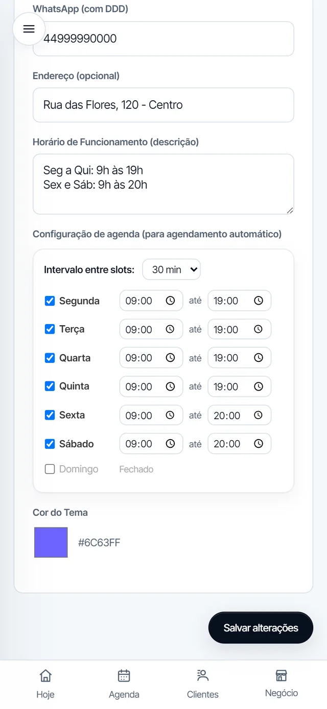 Tela Horários e disponibilidade no AGTGestor