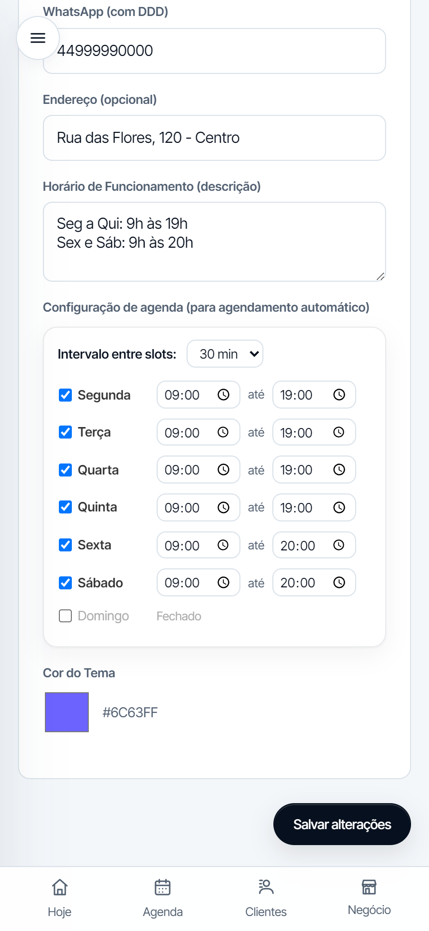 Schedules and availability screen on AGTGestor