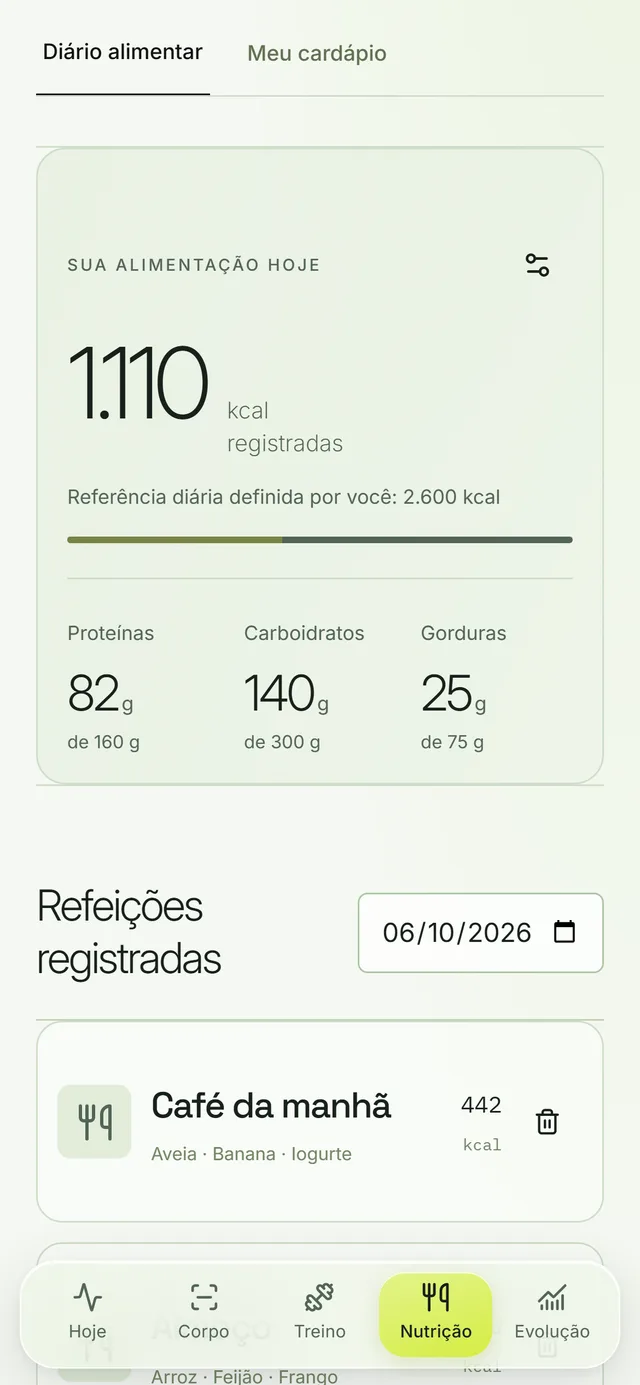 Tela Diário alimentar no Apex Bio