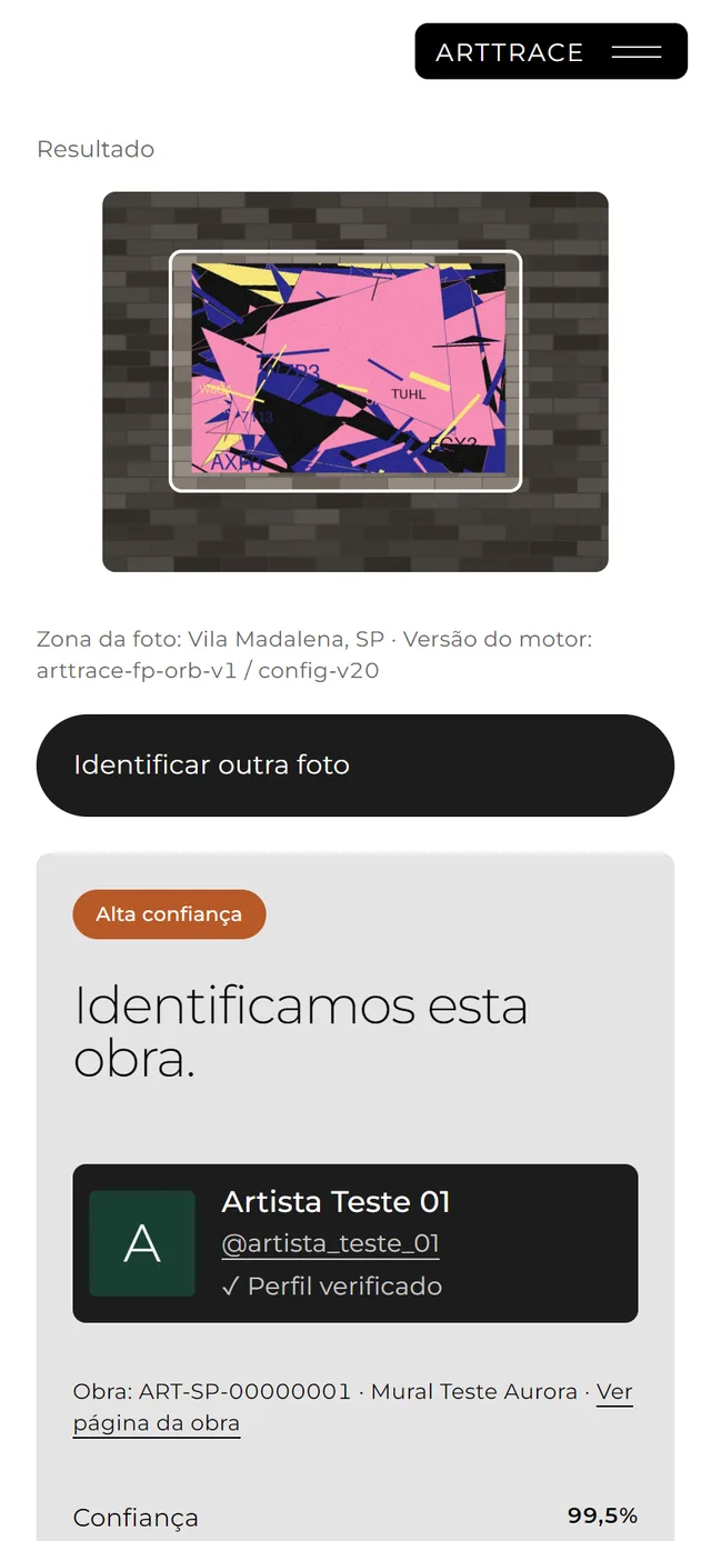 Tela Resultado com grau de certeza no ArtTrace