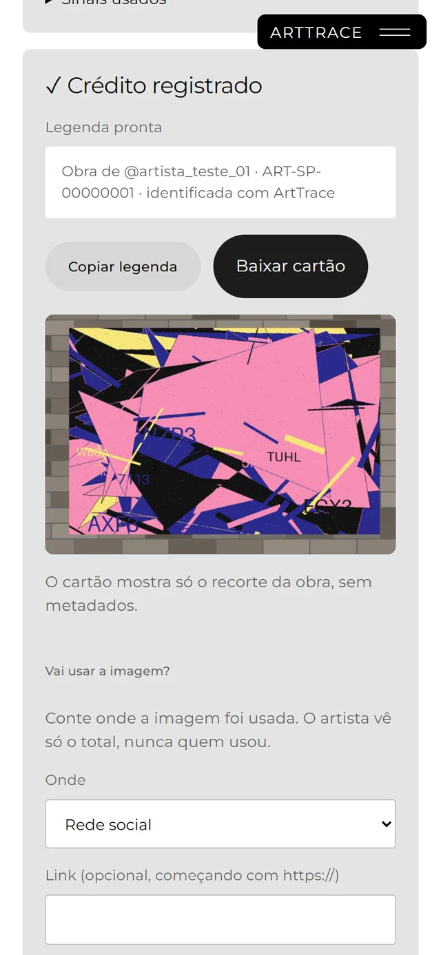 Tela Dar crédito no ArtTrace