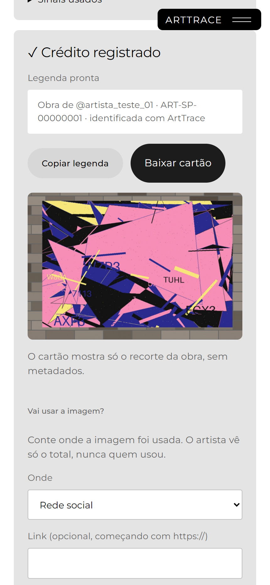 Give credit screen on ArtTrace