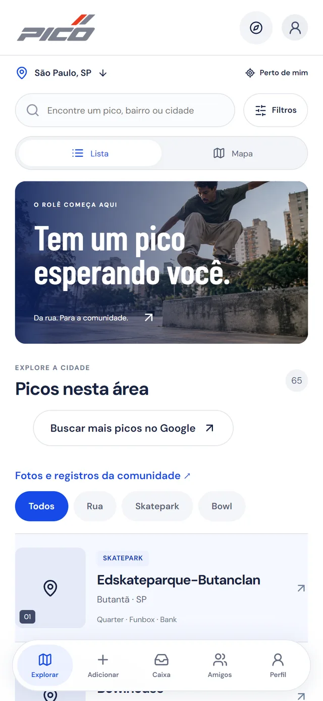 Tela Explorar picos no PICO