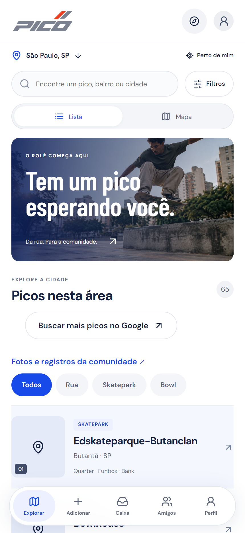 Explore skate spots screen in PICO