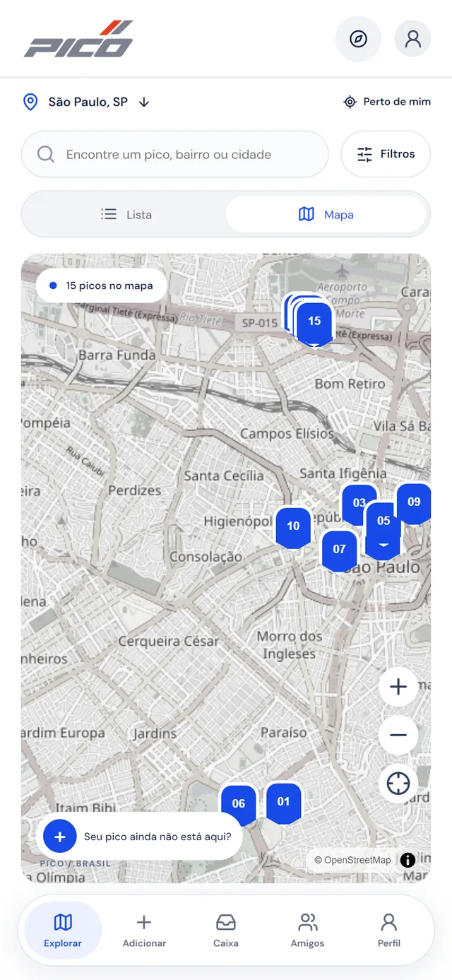 Tela Mapa e filtros no PICO