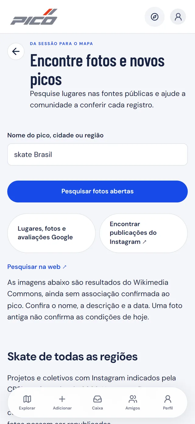 Tela Descobrir fontes no PICO