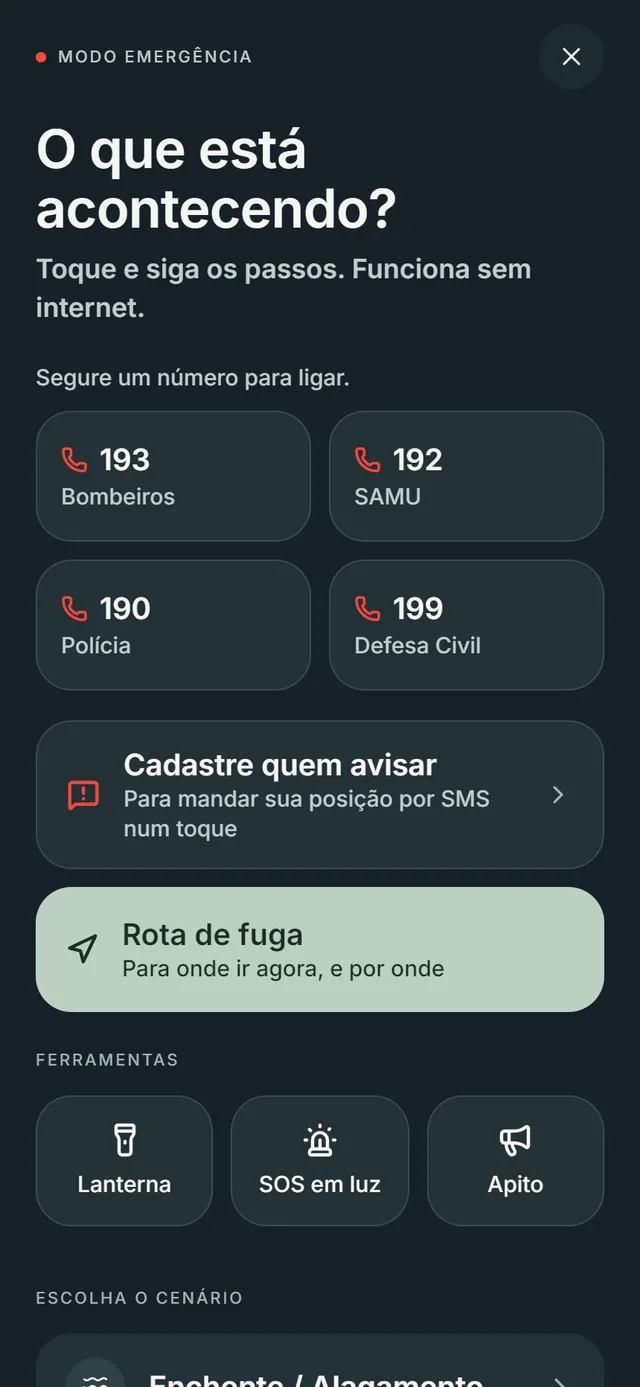Tela Modo Emergência no Prumo